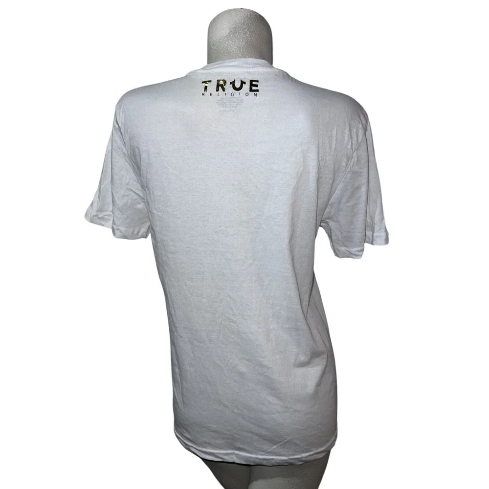 True Religion Mens Size M White Short Sleeve Gold Logo Graphic T-Shirt Casual